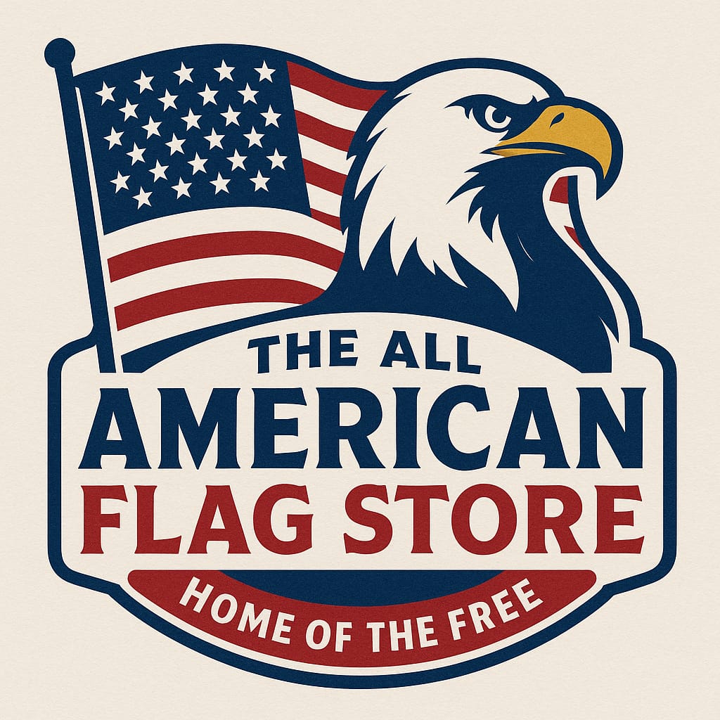 Patriotic logo of The All American Flag Store with an eagle, waving U.S. flag, and the slogan “Home of the Free.